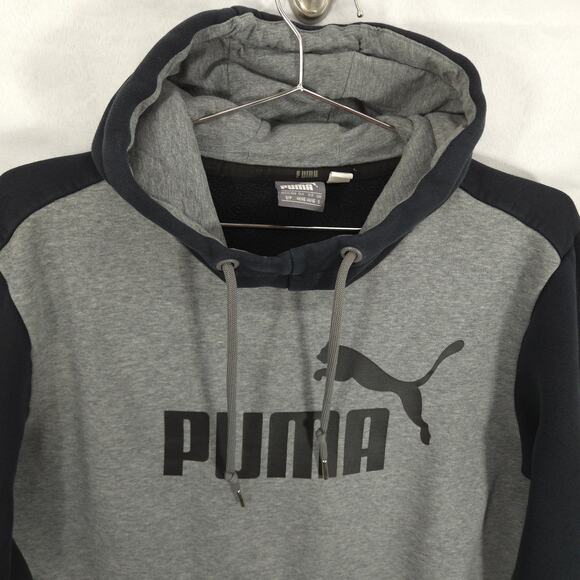 PUMA Hoodie Mens Small Gray Black Essential Big Logo Fleece Long Sleeve Pullover - Picture 2 of 9